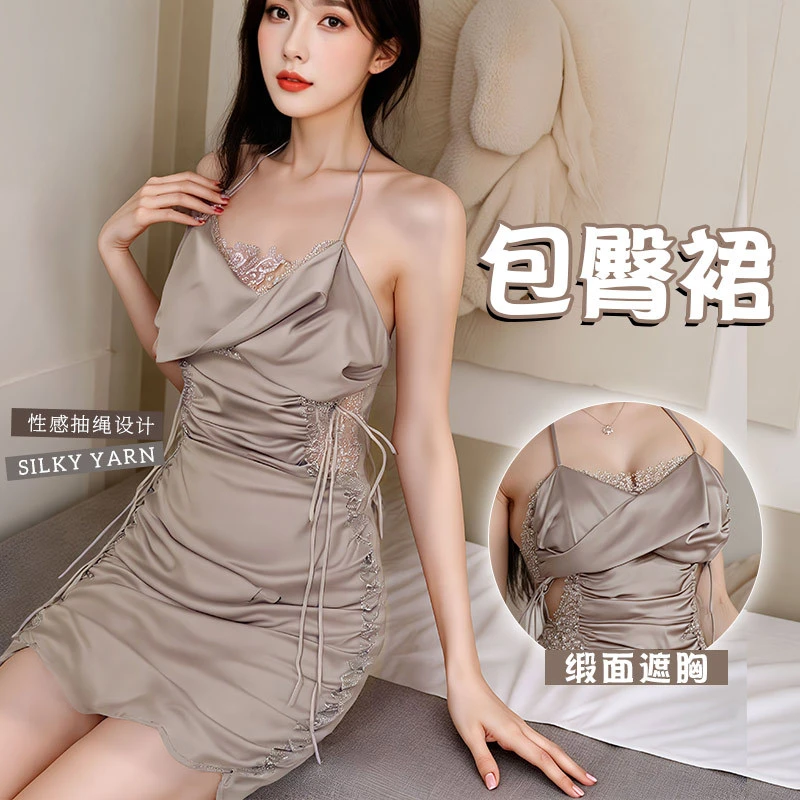 夜酥内衣性感挑逗约会战袍吊带蕾丝奶盖包臀缎面睡裙