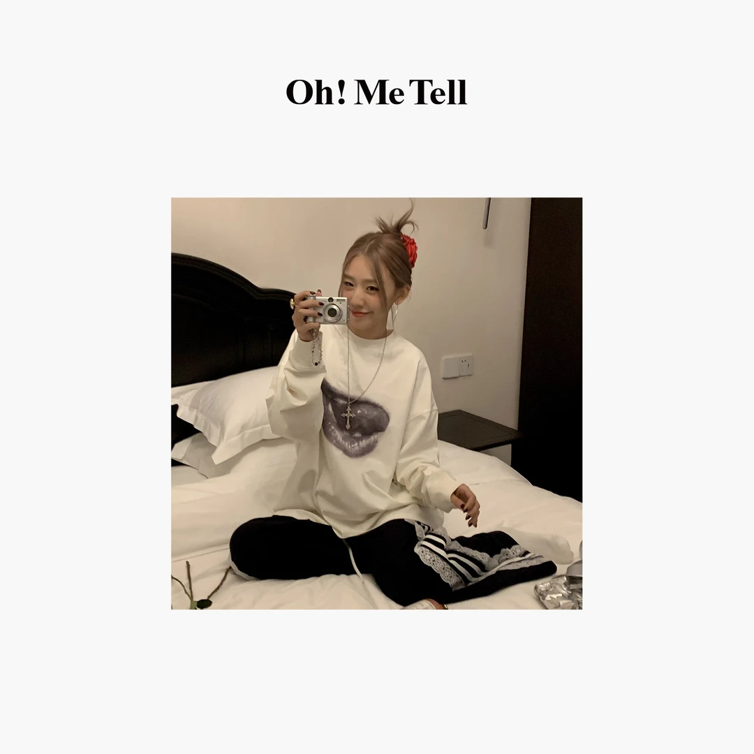 Oh！Me Tell【jennie金智妮同款】嘴唇印花休闲宽松圆领长袖T恤女