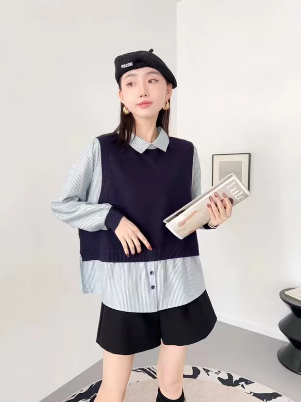 NFM女驸马时尚韩系假两件细条纹衬衫7712