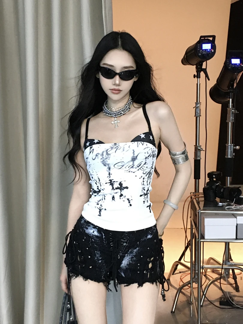 6NE 美式辣妹复古印花涂鸦吊带背心女夏季性感显瘦收腰短款上衣夏