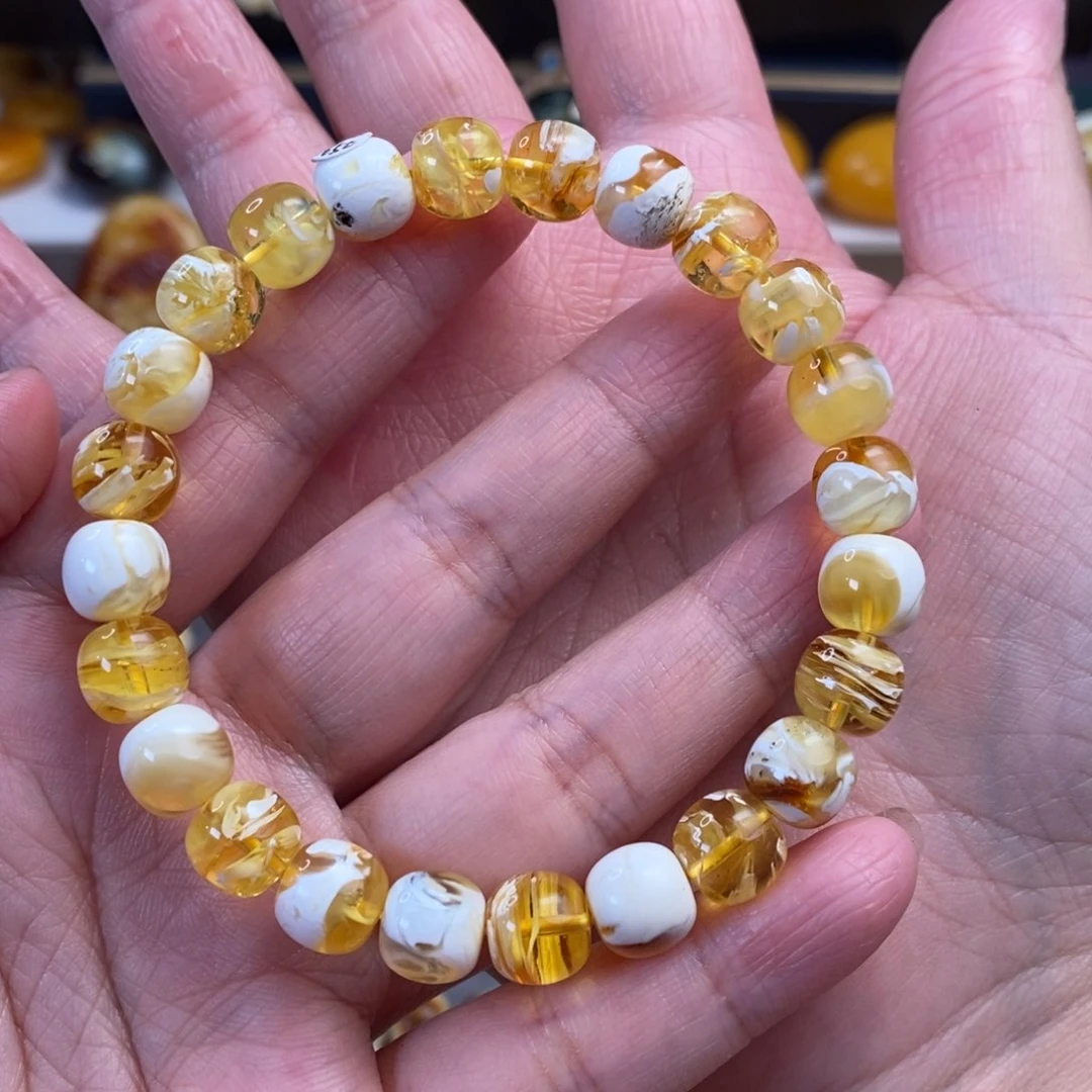 未镶嵌琥珀裸石金瓷白拉丝纹老型手串9