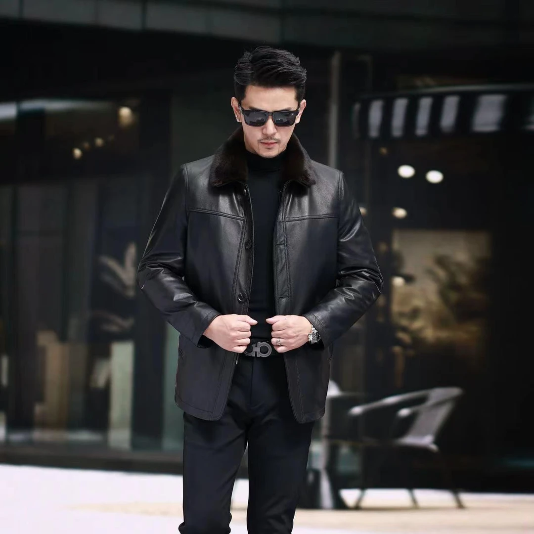 100%真头层牛皮皮衣男真皮小牛皮冬季中年夹克加厚保暖貂绒可脱卸