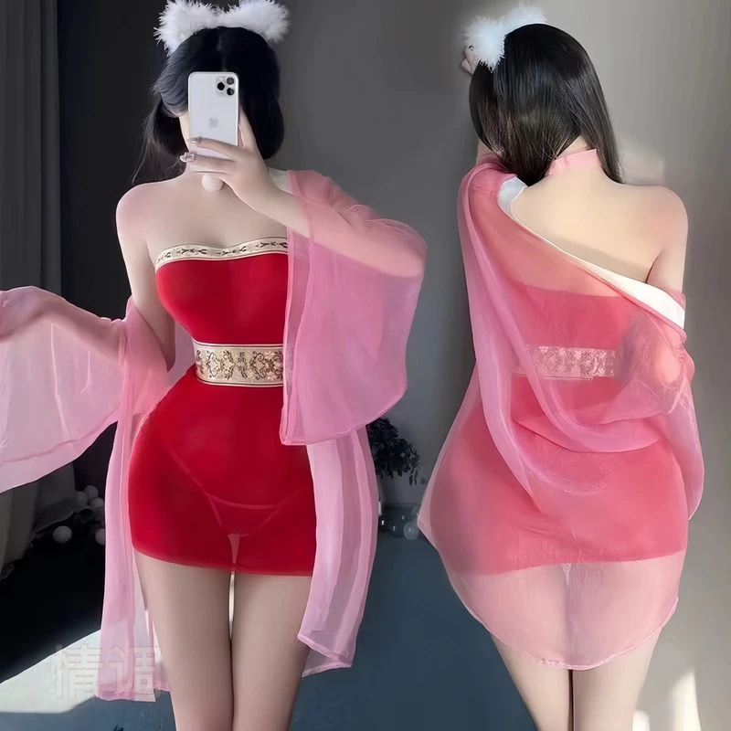 【难逃美人欢】性感睡衣低领抹胸包臀裙古风汉服纯纯中国风睡衣套装