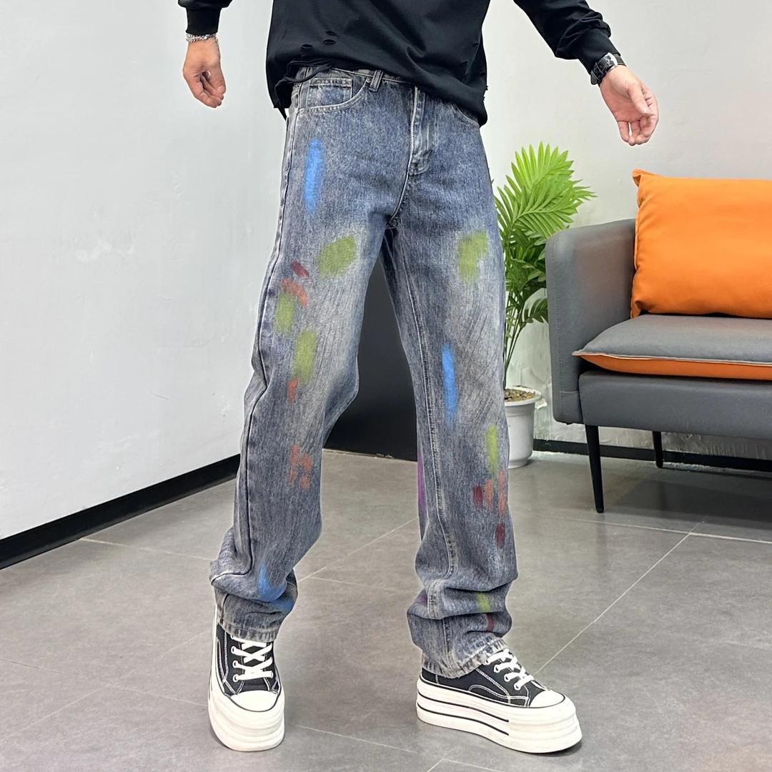 美式痞帅手绘涂鸦牛仔裤男2025冬新款高街时尚潮流休闲百搭长裤