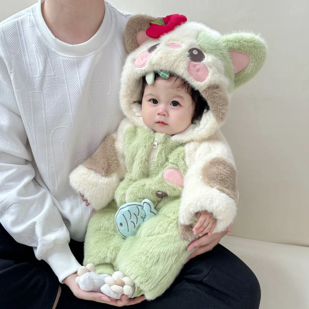 小猫吃鱼连体女宝宝可爱超萌毛茸茸保暖哈衣冬季外出爬服加厚哈衣