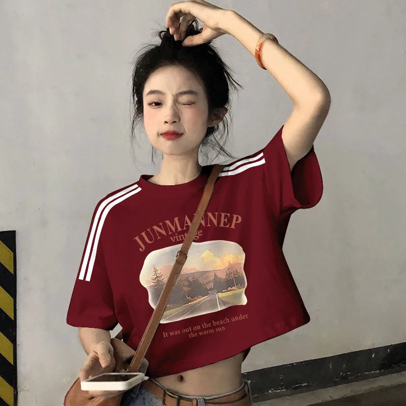 休闲短款短袖常规学生T恤夏季美式休闲红色上衣韩版小众宽松