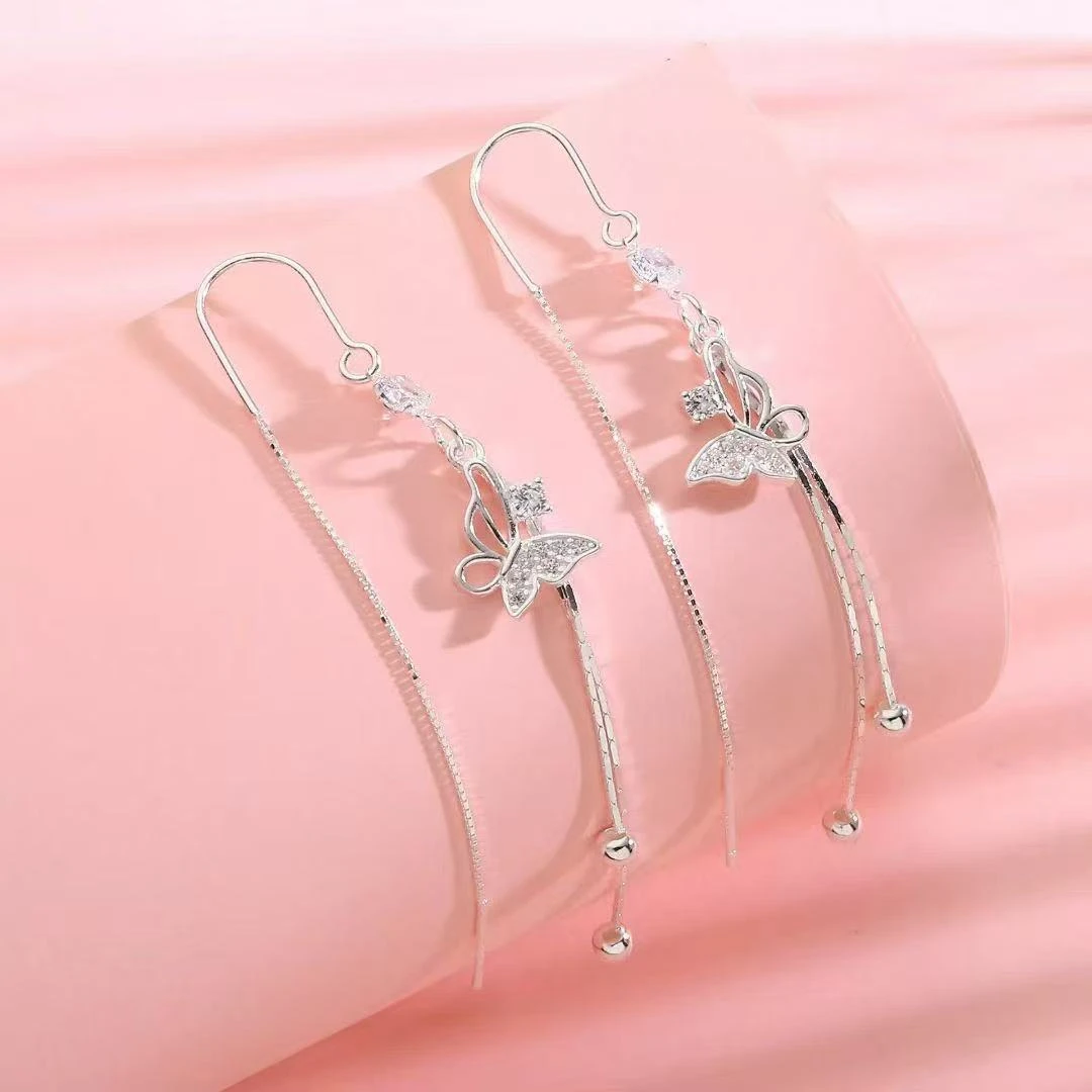 足银耳饰 990轻奢时尚满钻蝴蝶流苏防丢耳环耳线