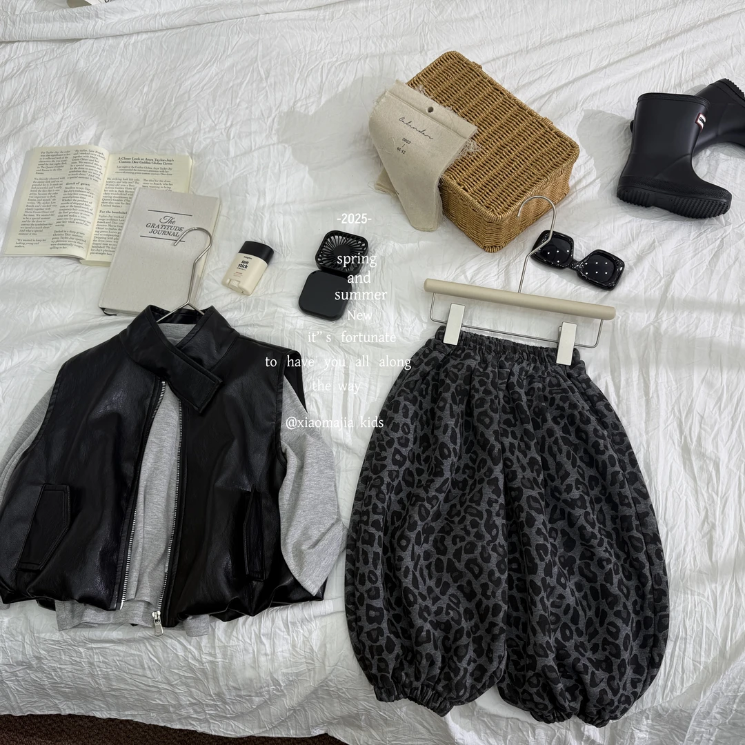 现货-小马家2025秋款儿童休闲裤豹纹裤D-6398韩版宽松男女童裤子