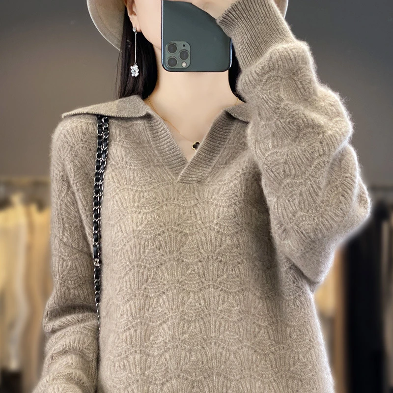 POLO领polo领100%纯羊毛衫女打底衫纯色翻领针织衫宽松羊绒百搭洋