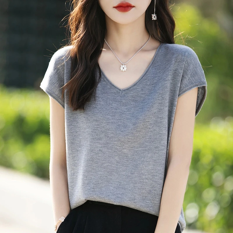 夏季薄款蚕丝羊毛针织短袖T恤女宽松V领打底衫纯色半袖上衣py6037
