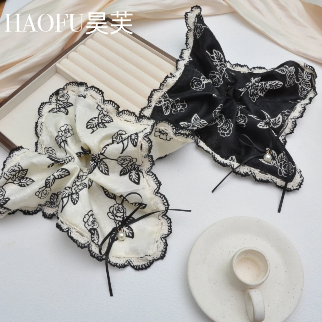 甜美时尚布艺玫瑰印花蝴蝶结方巾发圈女高级感丸子头发绳百搭发饰