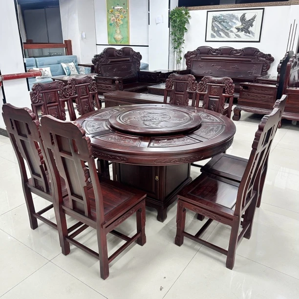 新红利居推荐— 雕花圆台方圆家用古典圆形吃饭桌