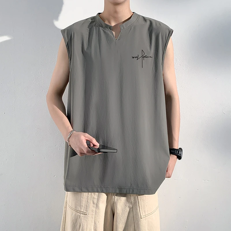 玛斯柏美潮字母印花背心男士夏季冰丝速干运动篮球V领无袖T恤男款