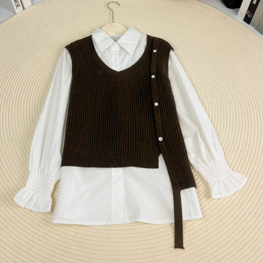 玲姐定制-衬衫马甲两件套新款气质时尚宽松叠穿马夹套装241821