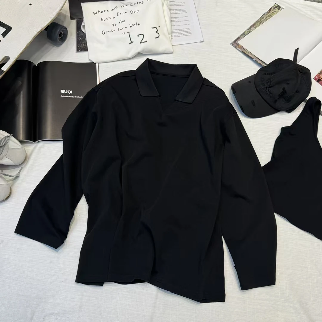 【古崎】2025新款纯棉宽松百搭纯色古巴领长袖polo上衣#252156