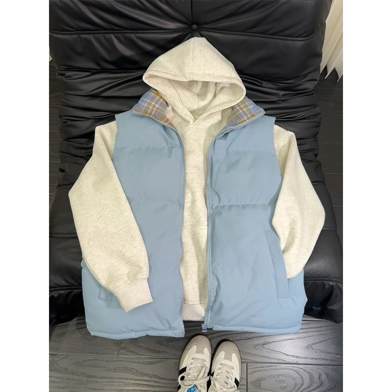 美式格子拼接立领马甲男高级感痞帅潮牌坎肩棉服冬季无袖休闲外套