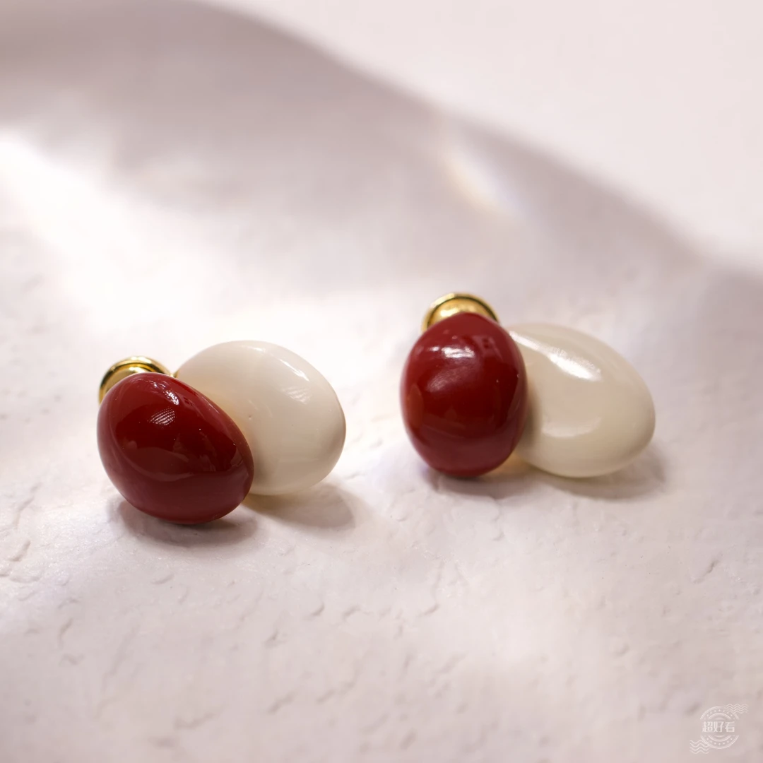 合金耳饰 【红白撞色】重工安可拉红白撞色滴釉质感耳环耳钉耳饰