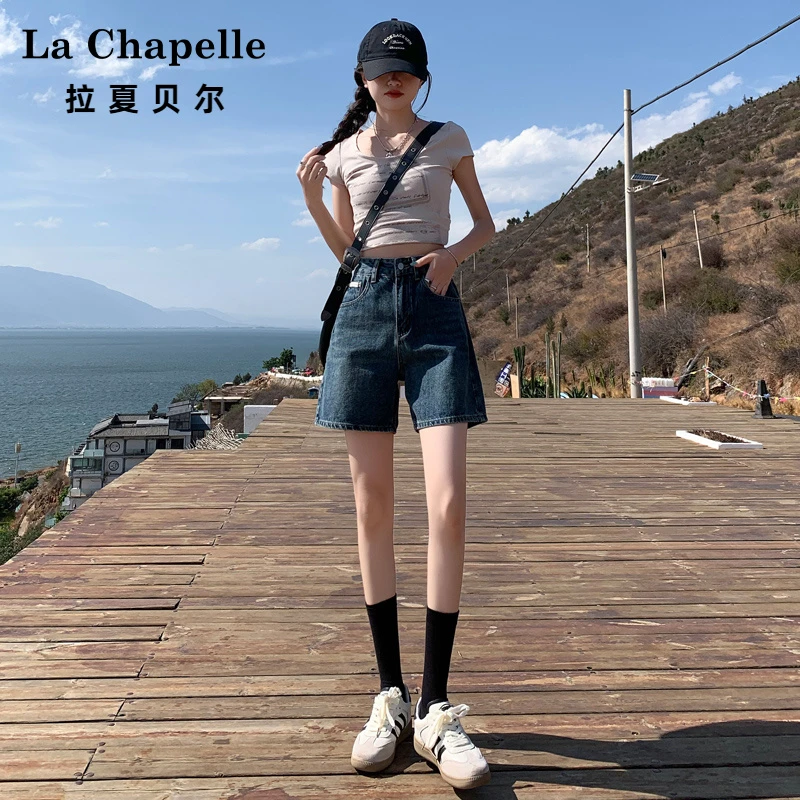 拉夏贝尔四分裤水洗直筒牛仔短裤女高腰显瘦热裤夏季薄款阔腿裤子