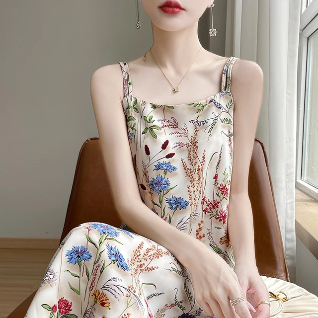 气质优雅吊带连衣裙女一字领印花醋酸缎面花色夏薄打底A字长裙子