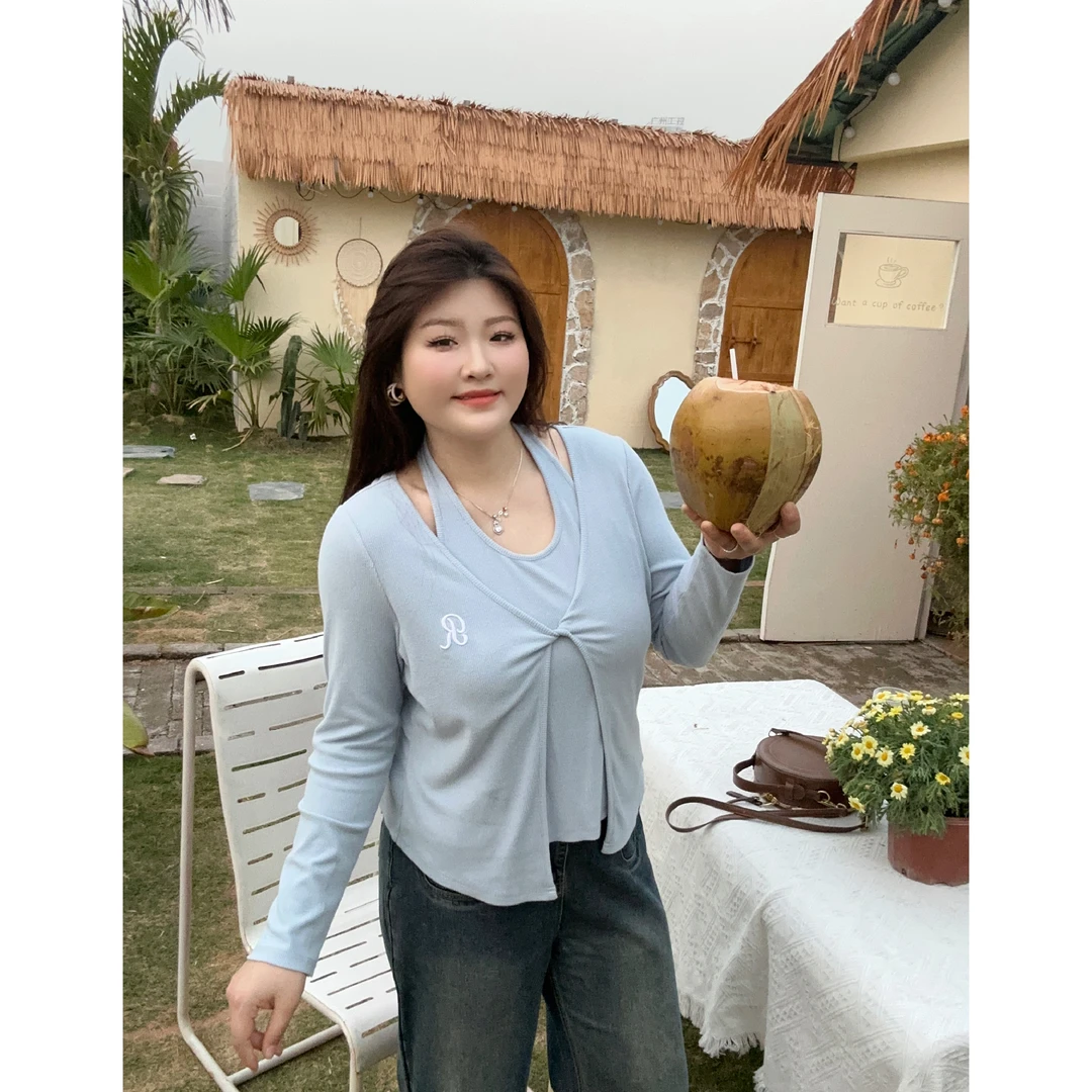 洋开心新款刺绣字母纽结性感露锁骨挂脖头紧身短款针织衫女