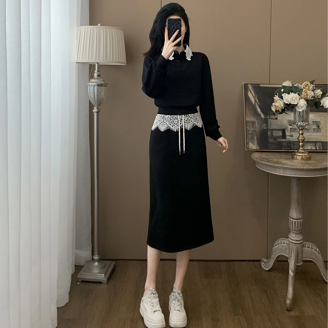 2025春秋新款休闲套装女显瘦时尚气质蕾丝拼接卫衣半身裙两件套潮