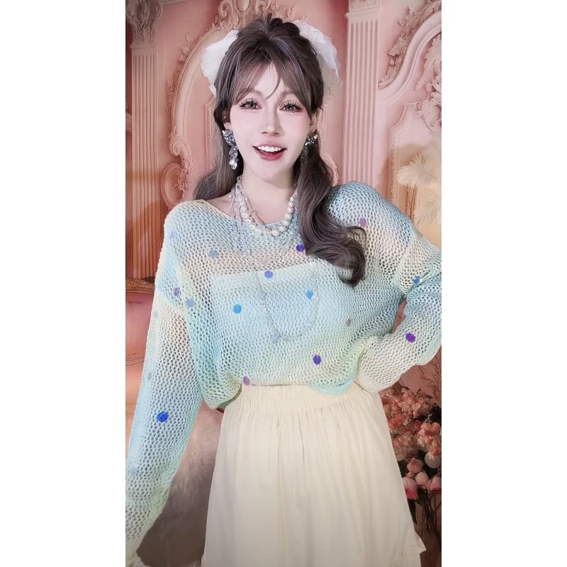 【崔】Z0292 镂空设计编织上衣宽松休闲女显白春秋圆领长袖罩衫