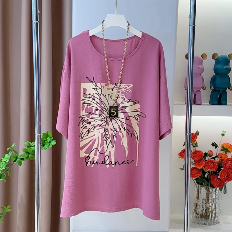 1897夏威夷印花短袖T恤夏季宽松休闲显瘦圆领时尚中长款百搭上衣