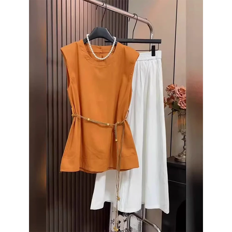 2025夏季新款高级感气质穿搭一整套橘色上衣白色半身裙两件套装女