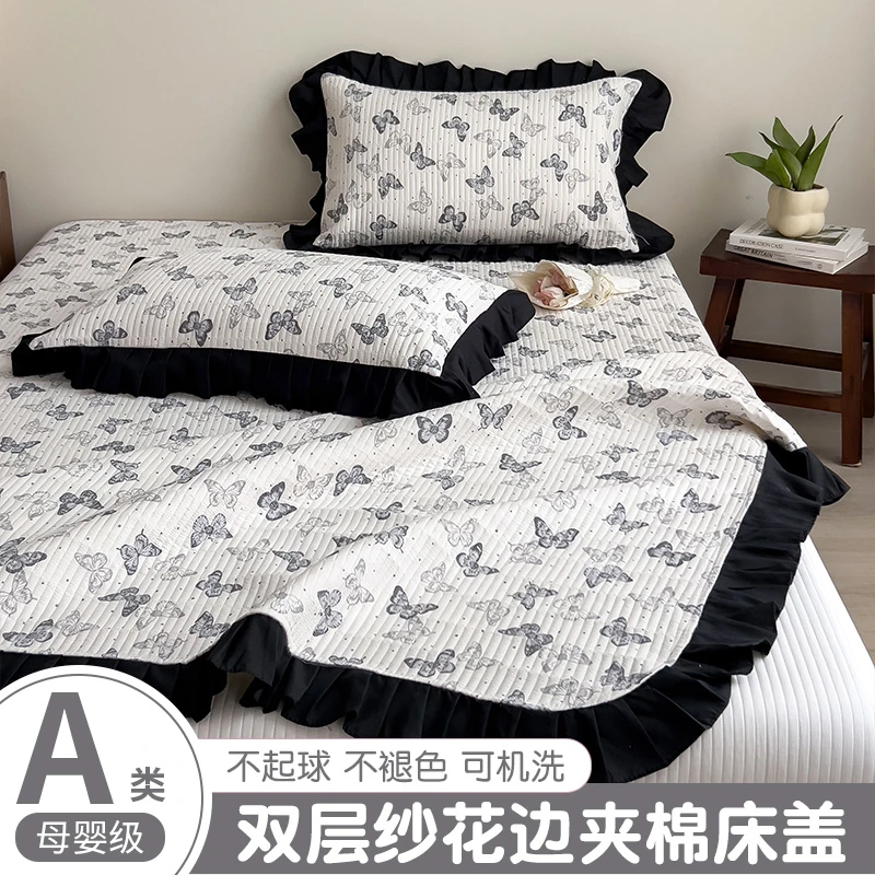 双层纱花边床盖单件a类母婴级榻榻米防滑夹棉床单三件套四季通用3
