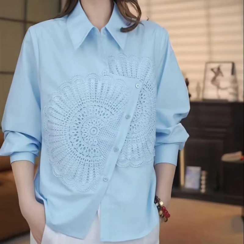 时尚法式百搭不规则设计感翻领长袖衬衫小众洋气上衣