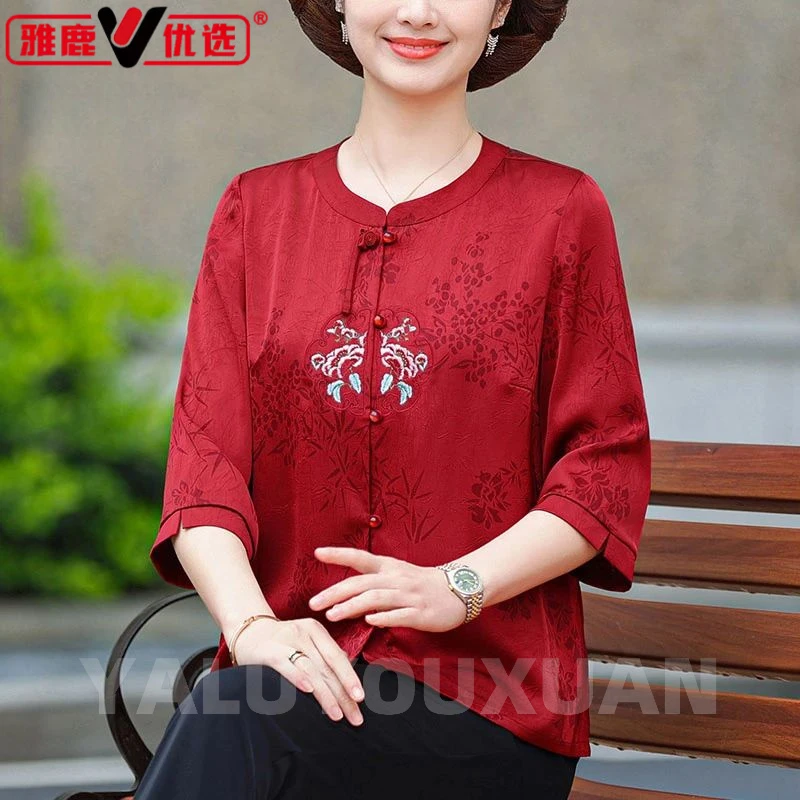 雅鹿优选新中式妈妈夏装高档衬衫女新款时尚洋气复古民族风衬衣