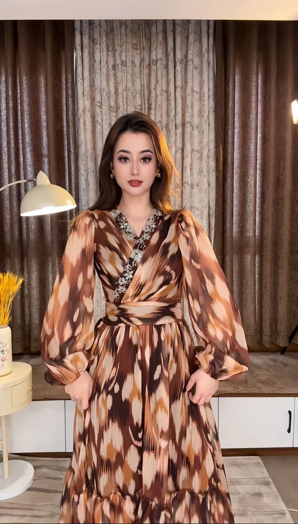 【Delhuma】专属重工钉珠连衣裙复古菱格印花垂感长裙V领轻奢