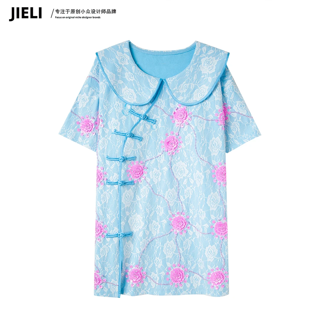 JIE LI/街力设计感小众减龄百搭新中式娃娃领蓝色短袖T恤女夏季