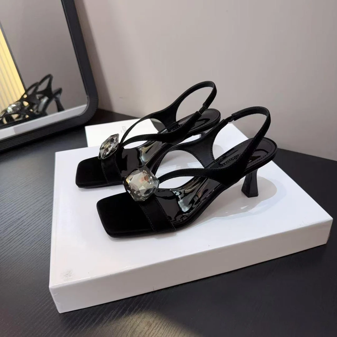 【6公分】2025年夏季新款性感水钻一字带后空露趾时尚凉鞋女气质