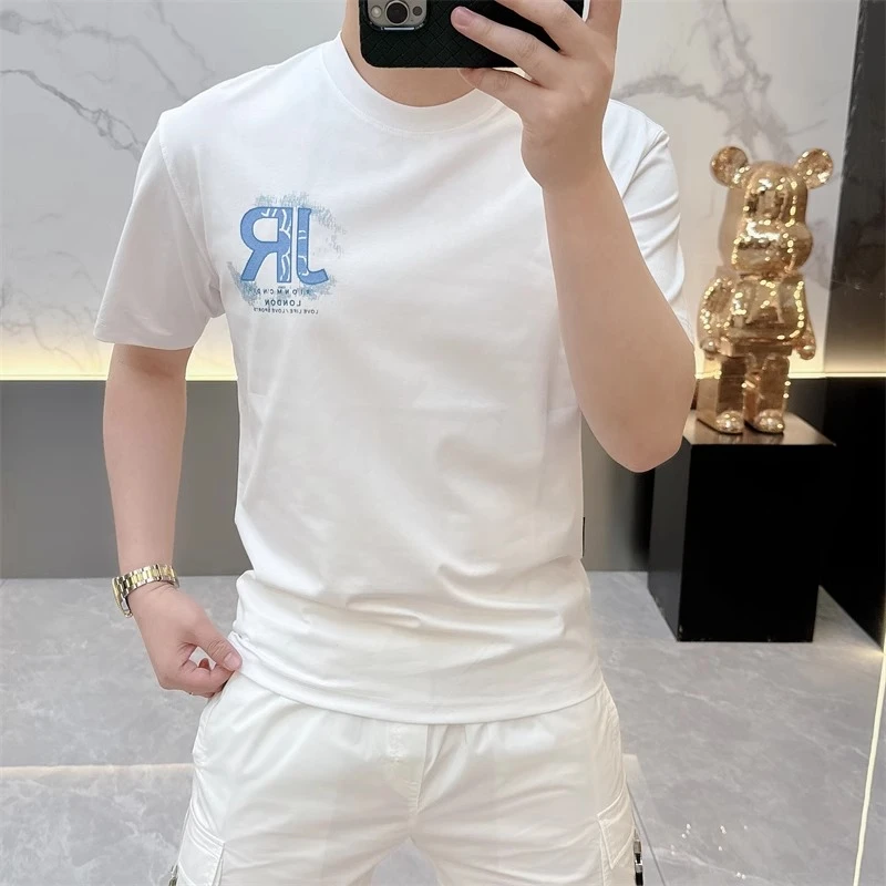 2025夏季潮牌欧货简约轻奢印花圆领短袖T恤男纯棉薄款百搭潮8703