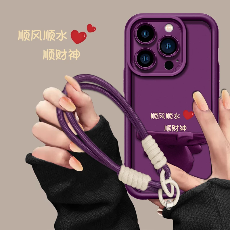 顺风顺水适用苹果11pro/12/13/14/15pro系列梅子色猫咪支架手机壳