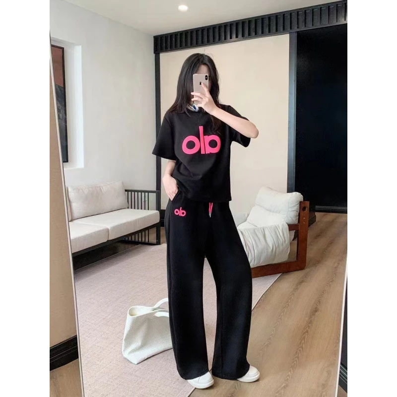 alo同款夏新款韩版宽松休闲运动套装女洋气减龄短袖阔腿裤两件套