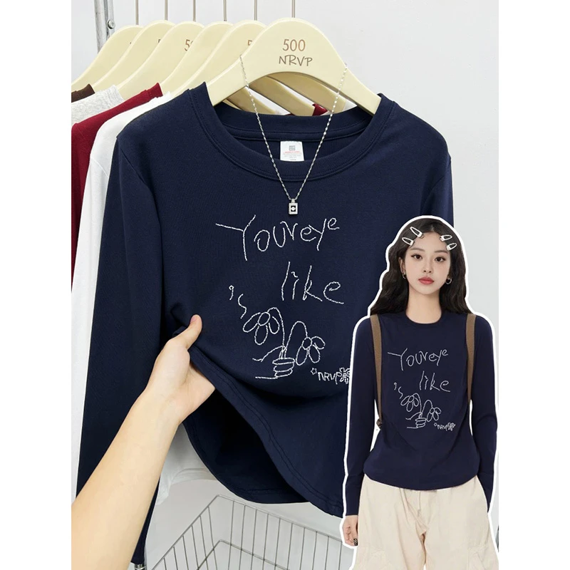 深蓝色显白正肩长袖t恤女微胖女生穿搭大码女装修身高弹力棉上衣