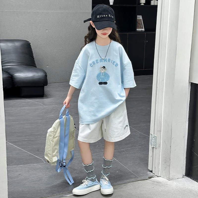 女童夏季套装2025新款儿童时尚洋气夏季短袖T恤休闲短裤两件套潮