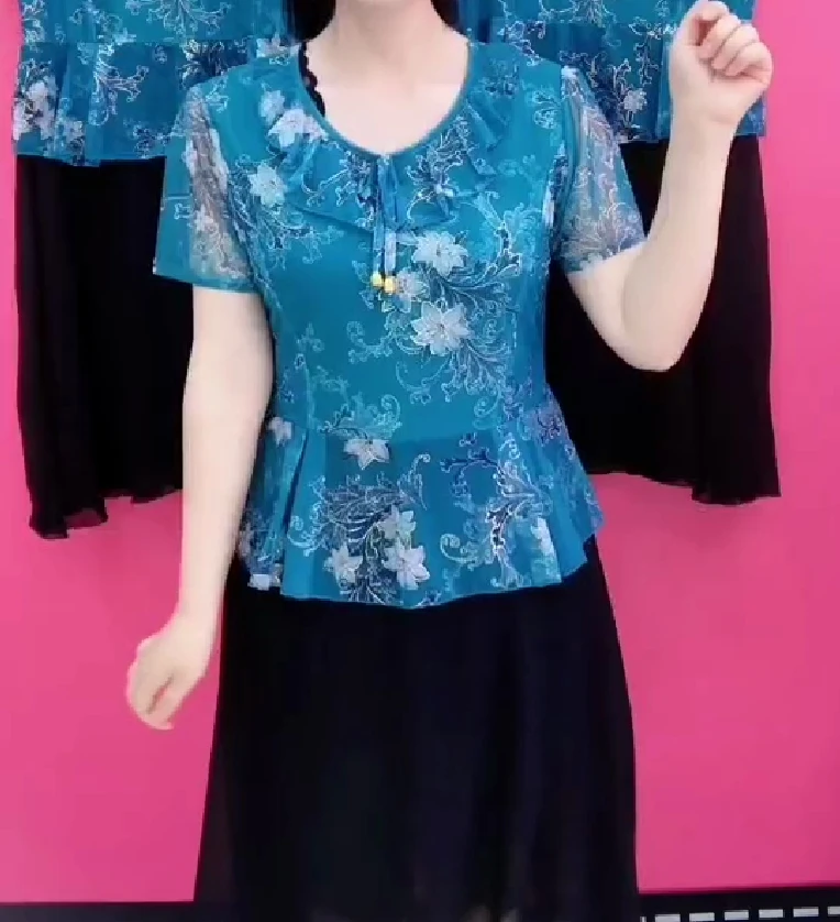 假两件碎花夏季收腰显瘦妈妈连衣裙