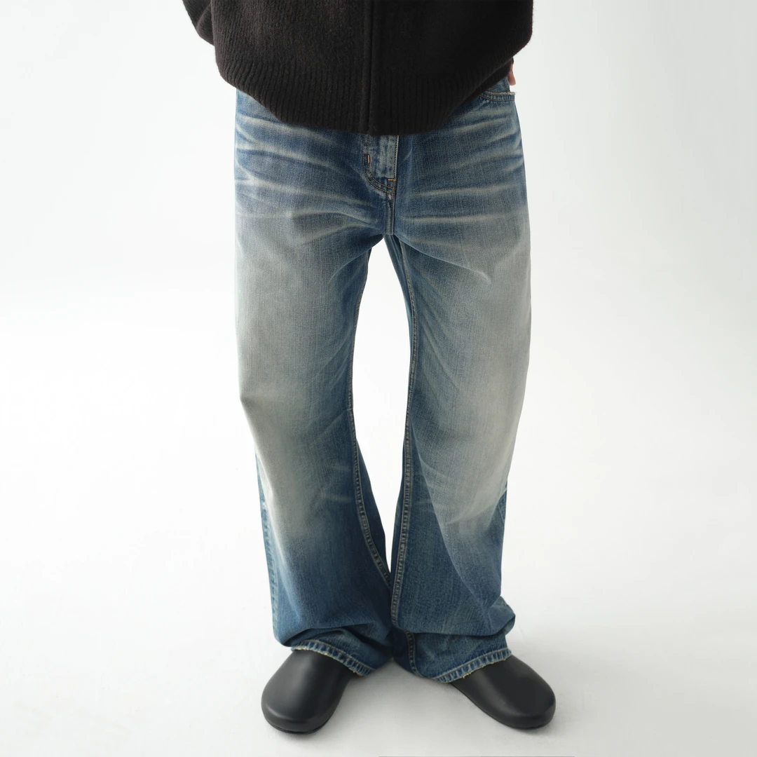 【绿标】haonanhuang赤耳洗水猫须深蓝蜂窝宽松牛仔裤