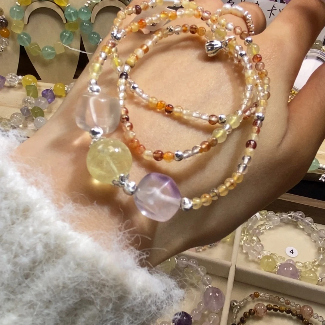 银S925镀金镶嵌手串水晶彩胶花三圈