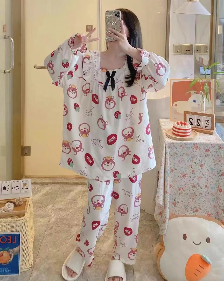 8377春秋季V领长袖睡衣女加肥加大码胖mm200斤卡通薄款家居服套装