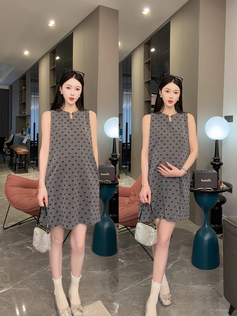 时尚孕妇2025夏装新品韩版时尚宽松印花简约背心无袖中长连衣裙