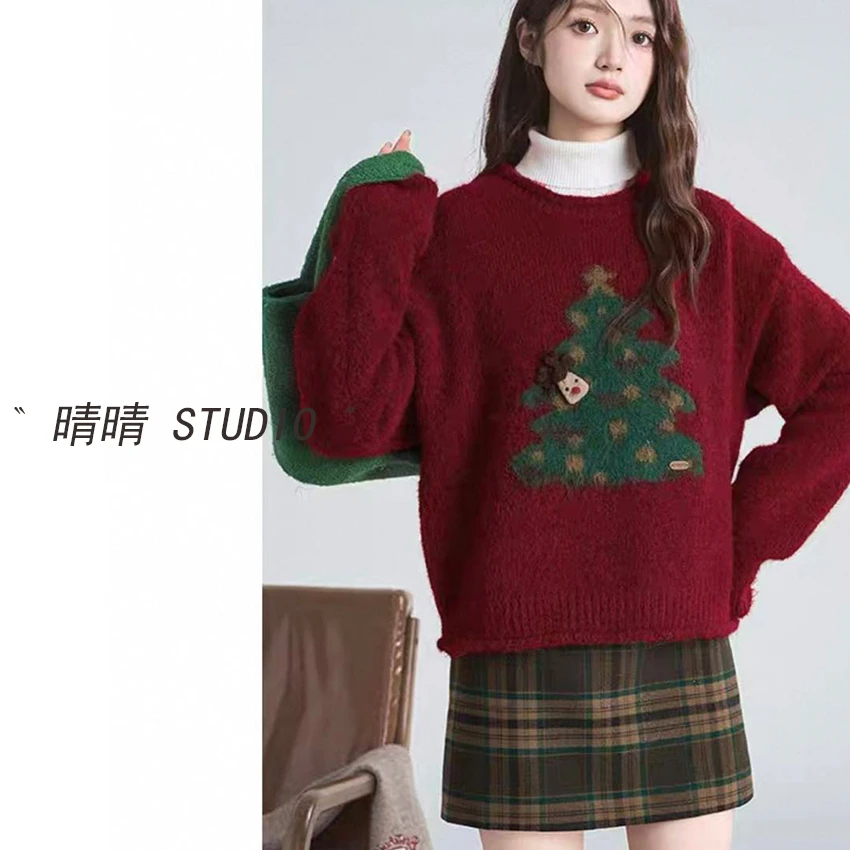 晴晴家-「线条架构」25年冬韩系简约百搭休闲舒适圣诞树毛衣DW77