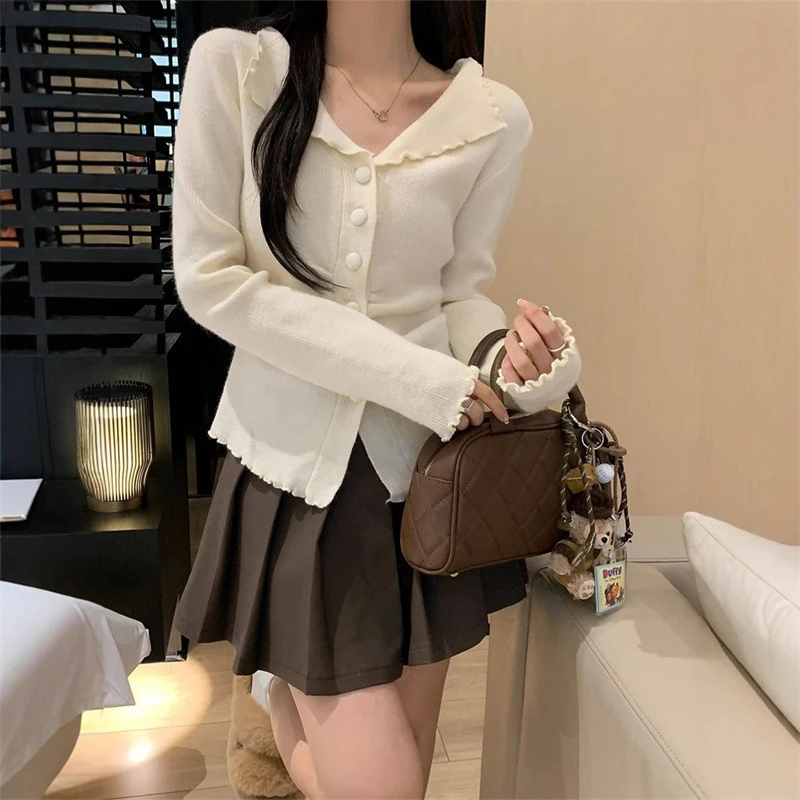 歌弟啊玛施正品木耳边针织开衫毛衣女秋季新款修身收腰上衣潮