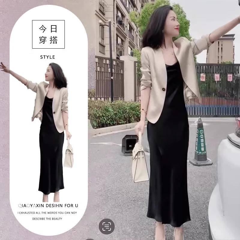 2025春季新款网红爆款时尚西服套装裙女高端醋酸显瘦外套+吊带裙