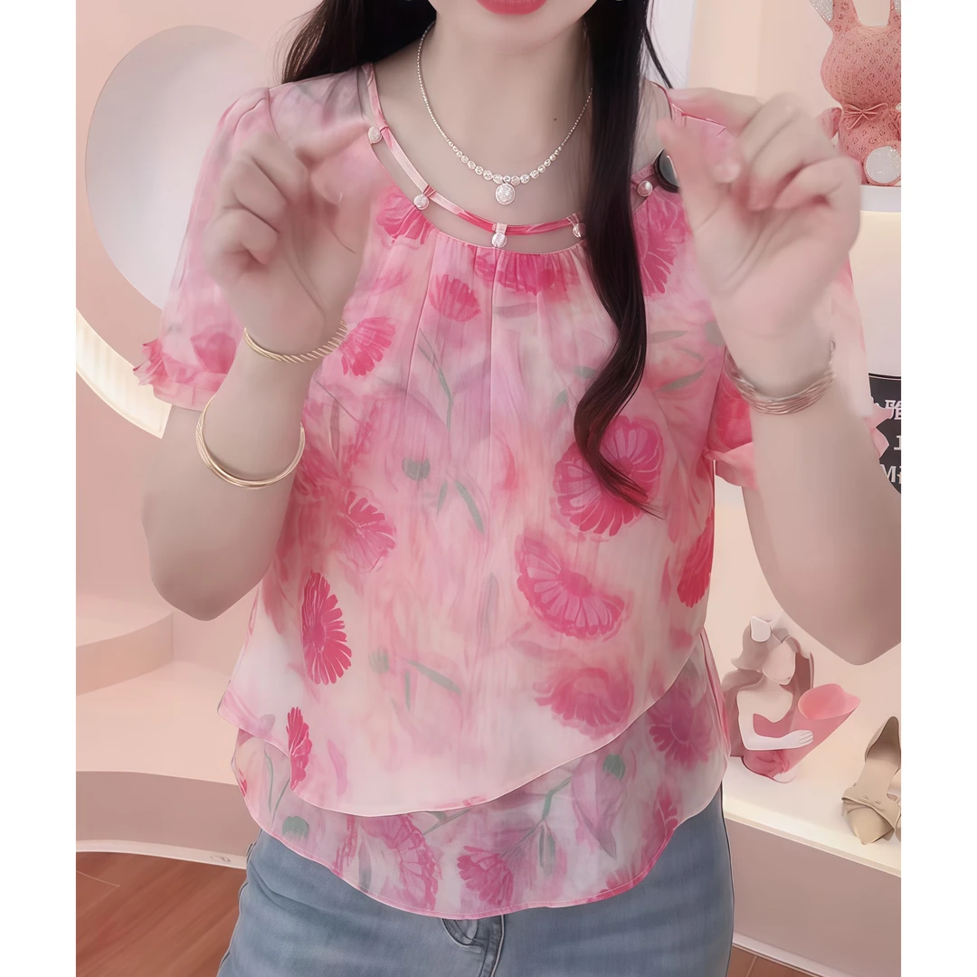 【假日雅韵】韩版减龄洋气通勤印花夏季百搭甜美小衫设计感短袖上衣