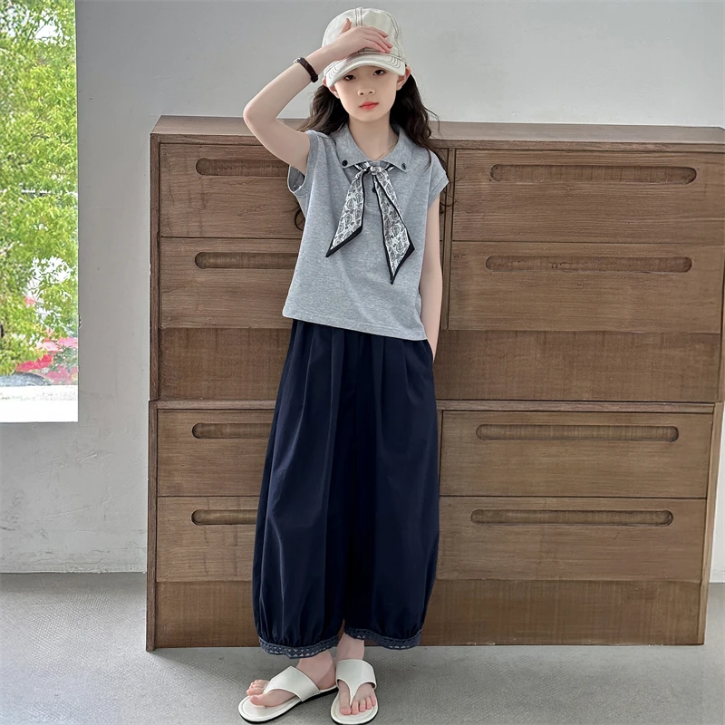 女童夏装POLO衫短袖阔腿裤套装2025新款潮女大童夏季学院风两件套