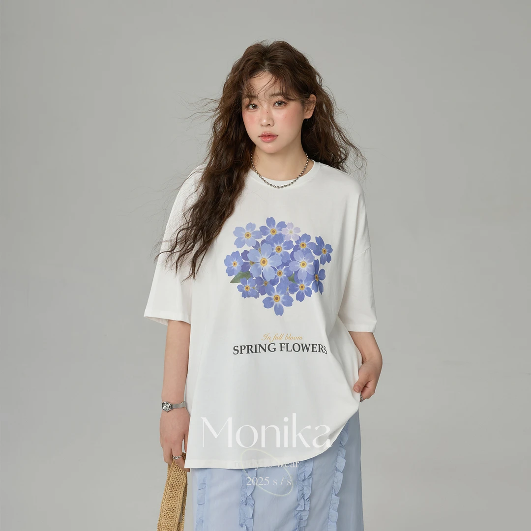 大码女装2025夏季新款胖mm法式复古花朵印花短袖t恤上衣4939